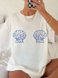 Cotton Graphic TeesWomen's White & Blue Tropical Seashell & Starfish Print T-Shirt - Soft Breathable Short Sleeve Beach Shirt, Loose Fit Casual Summer Top With Turquoise Shell Design, Machine Washable For Pool Parties, Vacation Outfits & Casual Attiresumm