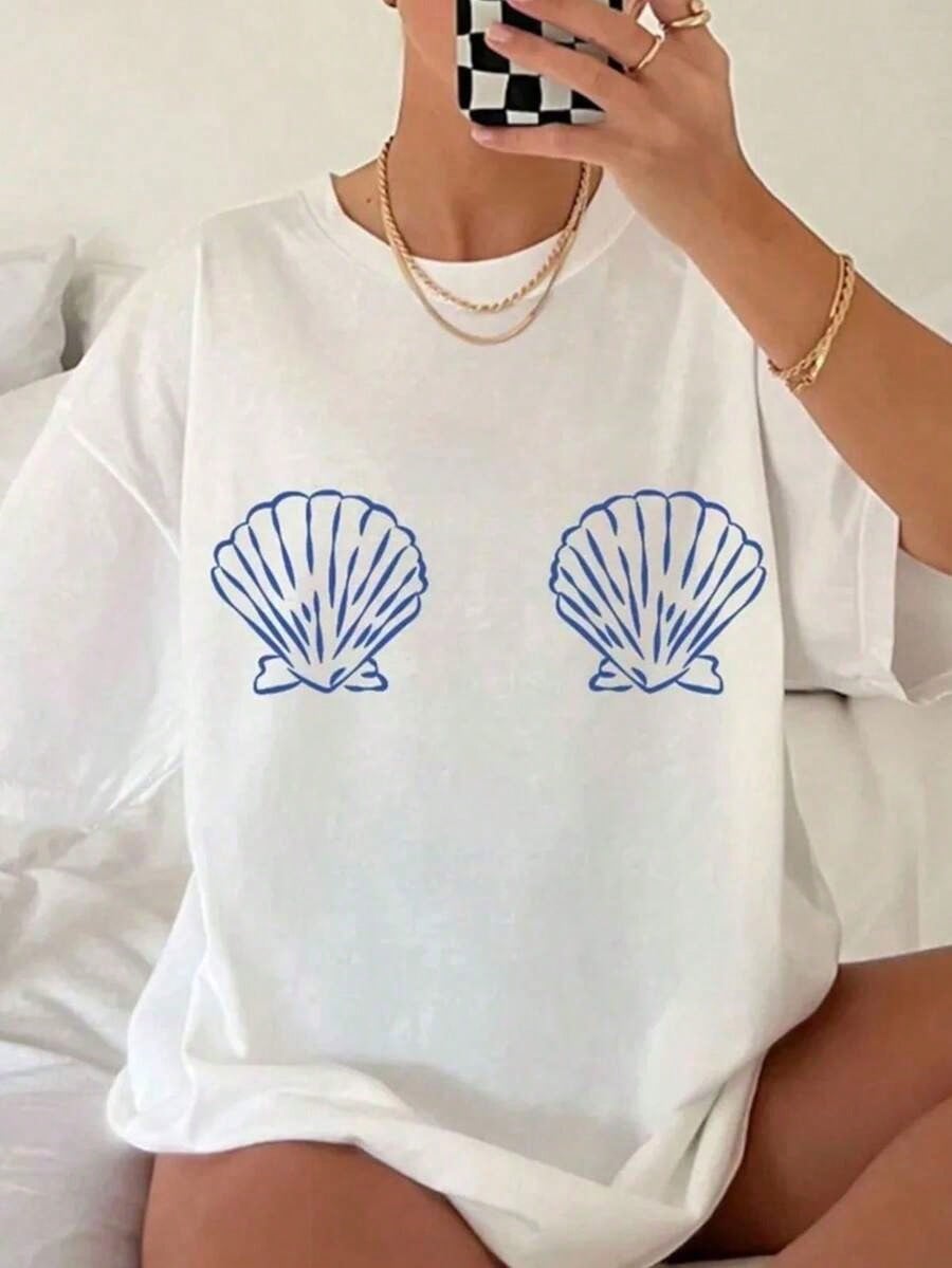 Cotton Graphic TeesWomen's White & Blue Tropical Seashell & Starfish Print T-Shirt - Soft Breathable Short Sleeve Beach Shirt, Loose Fit Casual Summer Top With Turquoise Shell Design, Machine Washable For Pool Parties, Vacation Outfits & Casual Attiresumm