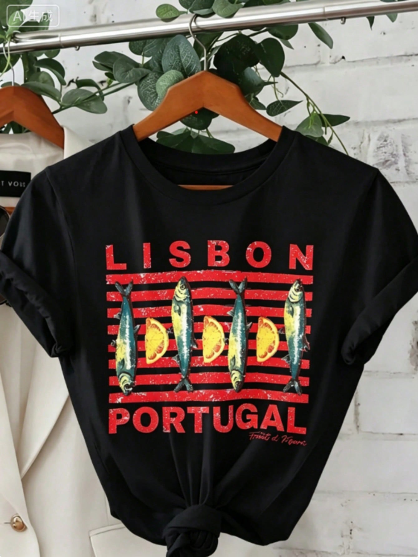 Soft Breathable "Wo" Lisbon Portugal Pattern Printed T-Shirt | Vibrant Tile Art And Tram Design, Paired With Canned Sardines And Lisbon Portuguese Letters, A Lightweight Short-Sleeved Round-Neck Casual Top, Regular Fit H-Line, Machine Washable For Year-Ro