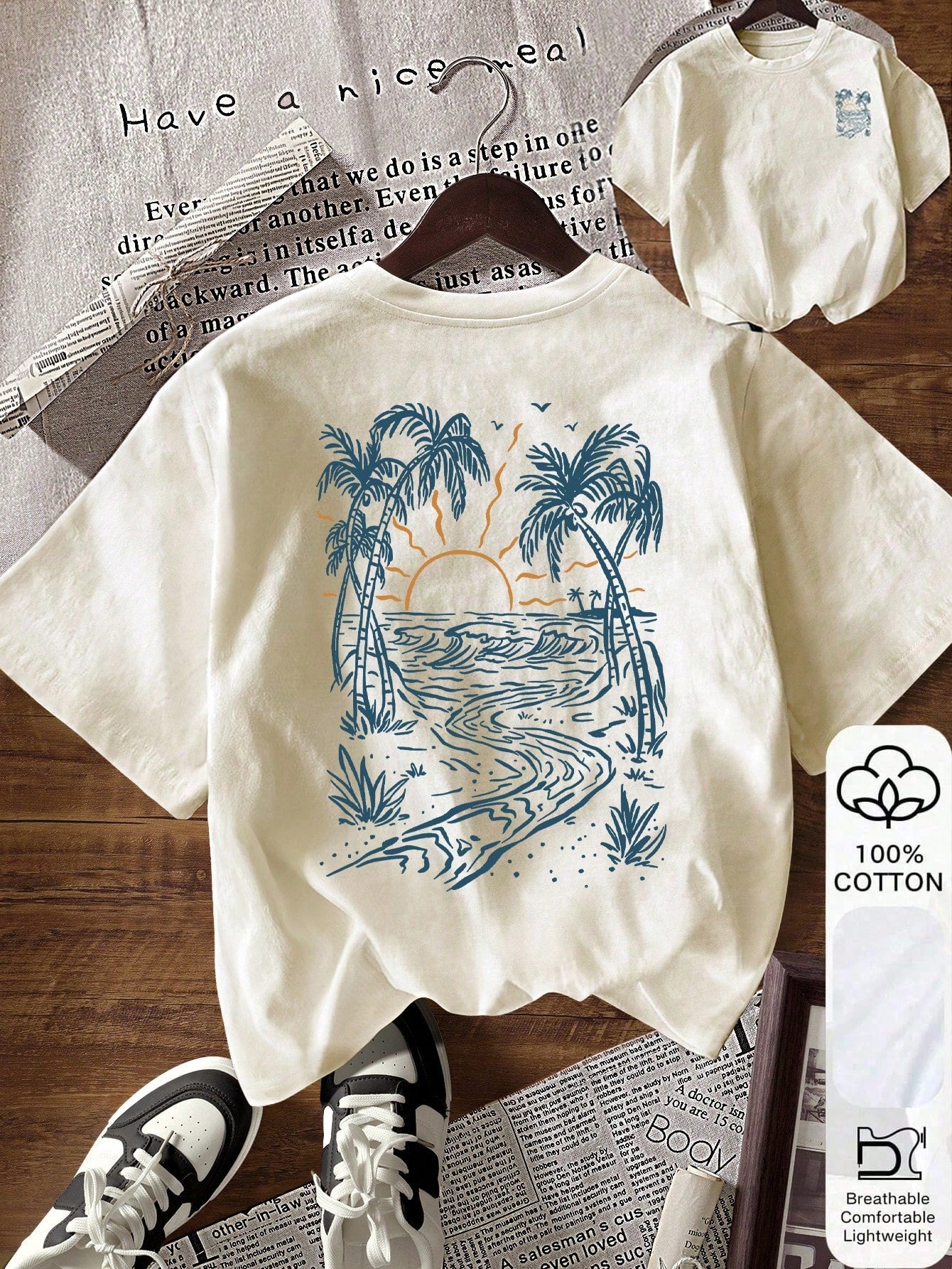 EMERY ROSE Women's Round Neck Coconut Tree Print Casual Versatile Daily Wear Short Sleeve T-Shirt