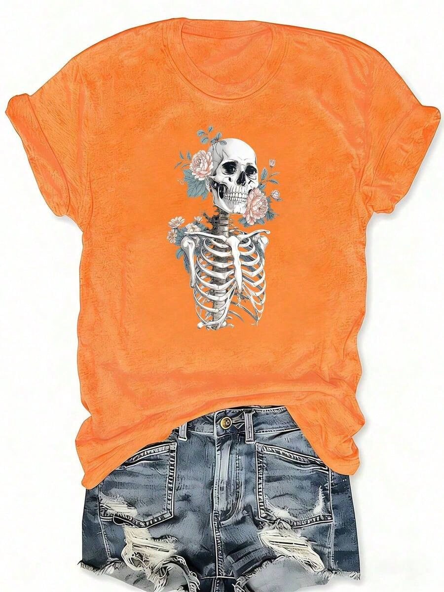 Floral Skull Skull Flowers Graphic Print Crew Neck T-Shirt, Casual Short Sleeve T-Shirt For Spring Summer, Women'S Plus Size Clothing