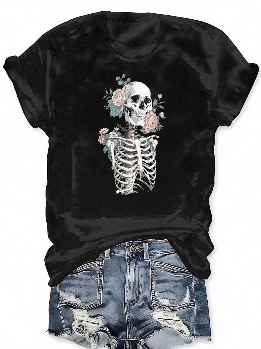 Floral Skull Skull Flowers Graphic Print Crew Neck T-Shirt, Casual Short Sleeve T-Shirt For Spring Summer, Women'S Plus Size Clothing