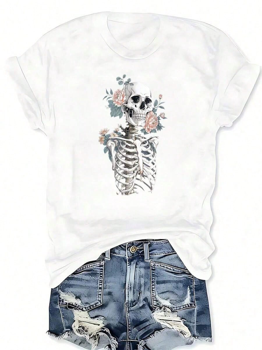 Floral Skull Skull Flowers Graphic Print Crew Neck T-Shirt, Casual Short Sleeve T-Shirt For Spring Summer, Women'S Plus Size Clothing