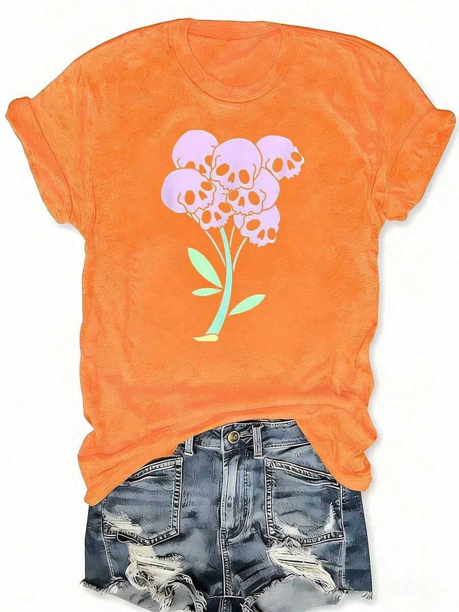 Gothic Floral Skeleton Graphic Print Crew Neck T-Shirt, Casual Short Sleeve T-Shirt For Spring Summer, Women'S Plus Size Clothing