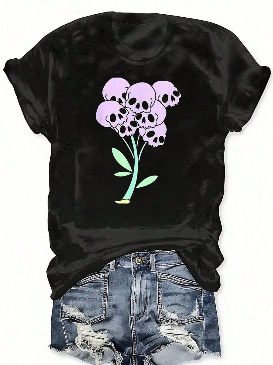 Gothic Floral Skeleton Graphic Print Crew Neck T-Shirt, Casual Short Sleeve T-Shirt For Spring Summer, Women'S Plus Size Clothing