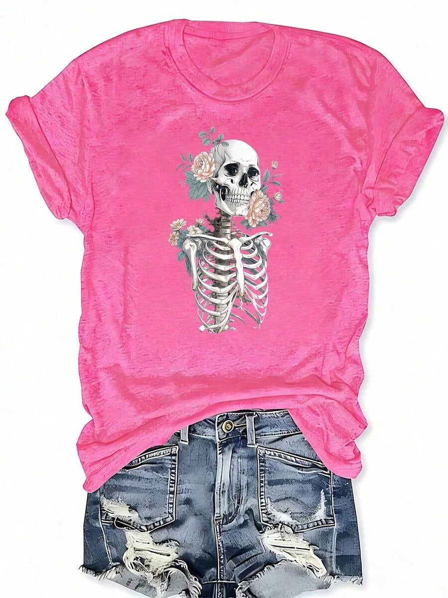 Floral Skull Skull Flowers Graphic Print Crew Neck T-Shirt, Casual Short Sleeve T-Shirt For Spring Summer, Women'S Plus Size Clothing