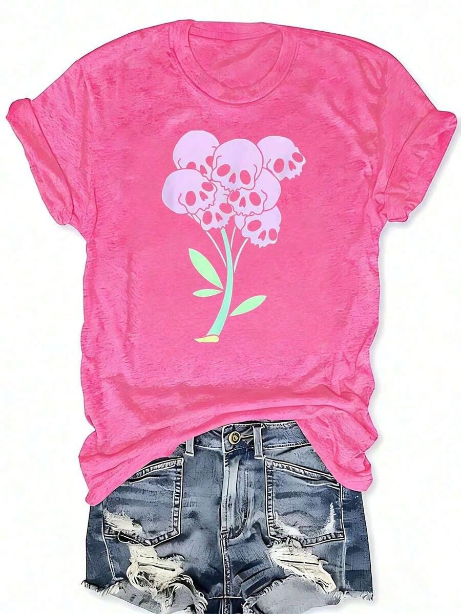 Gothic Floral Skeleton Graphic Print Crew Neck T-Shirt, Casual Short Sleeve T-Shirt For Spring Summer, Women'S Plus Size Clothing