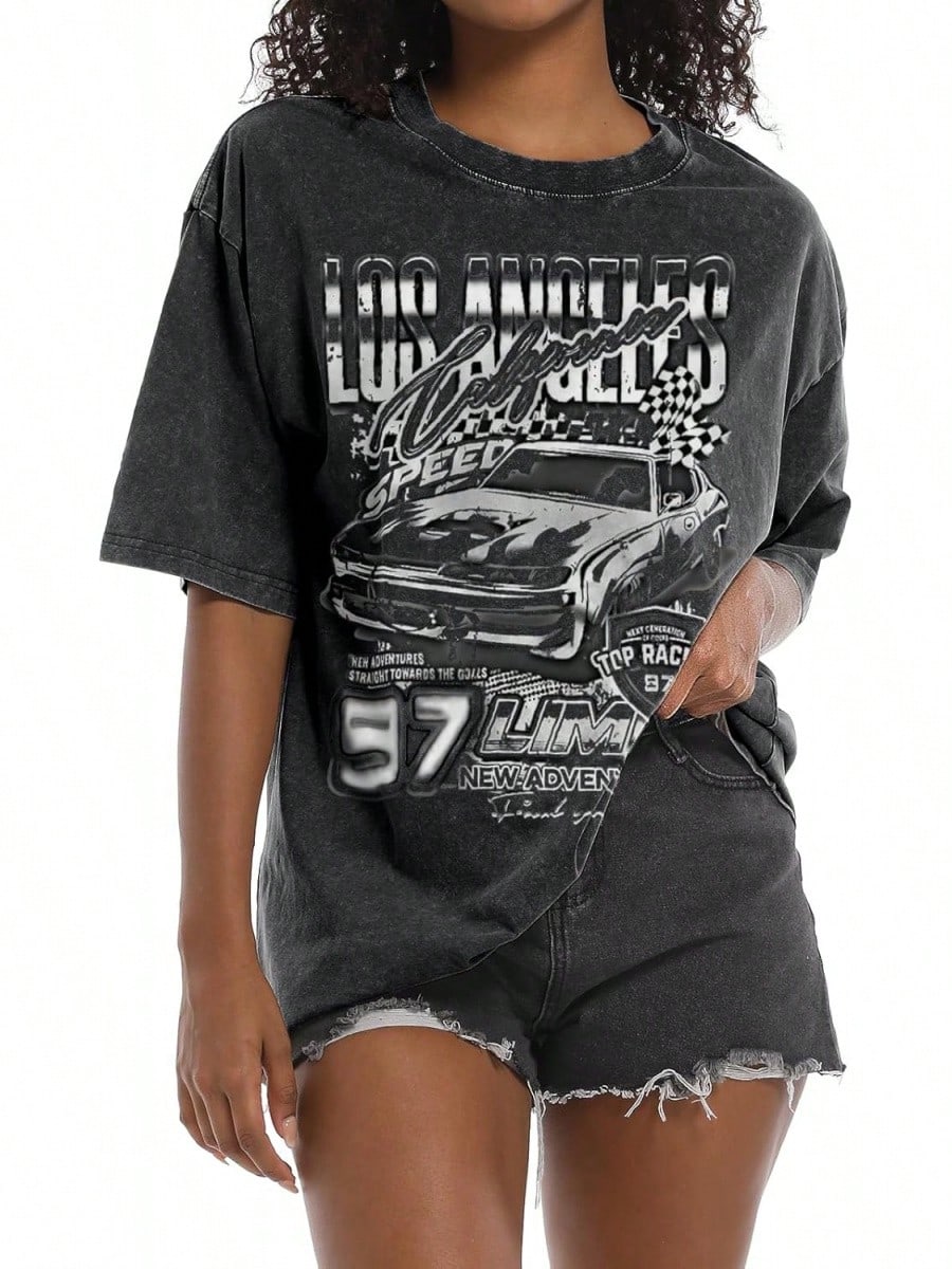 2026 New Summer Pairxily Oversized Graphic Tees For Women Baggy Streetwear Preppy Shirts For Teens Race Car Checkered Flag Drop Shoulder Top Casual T-Shirt