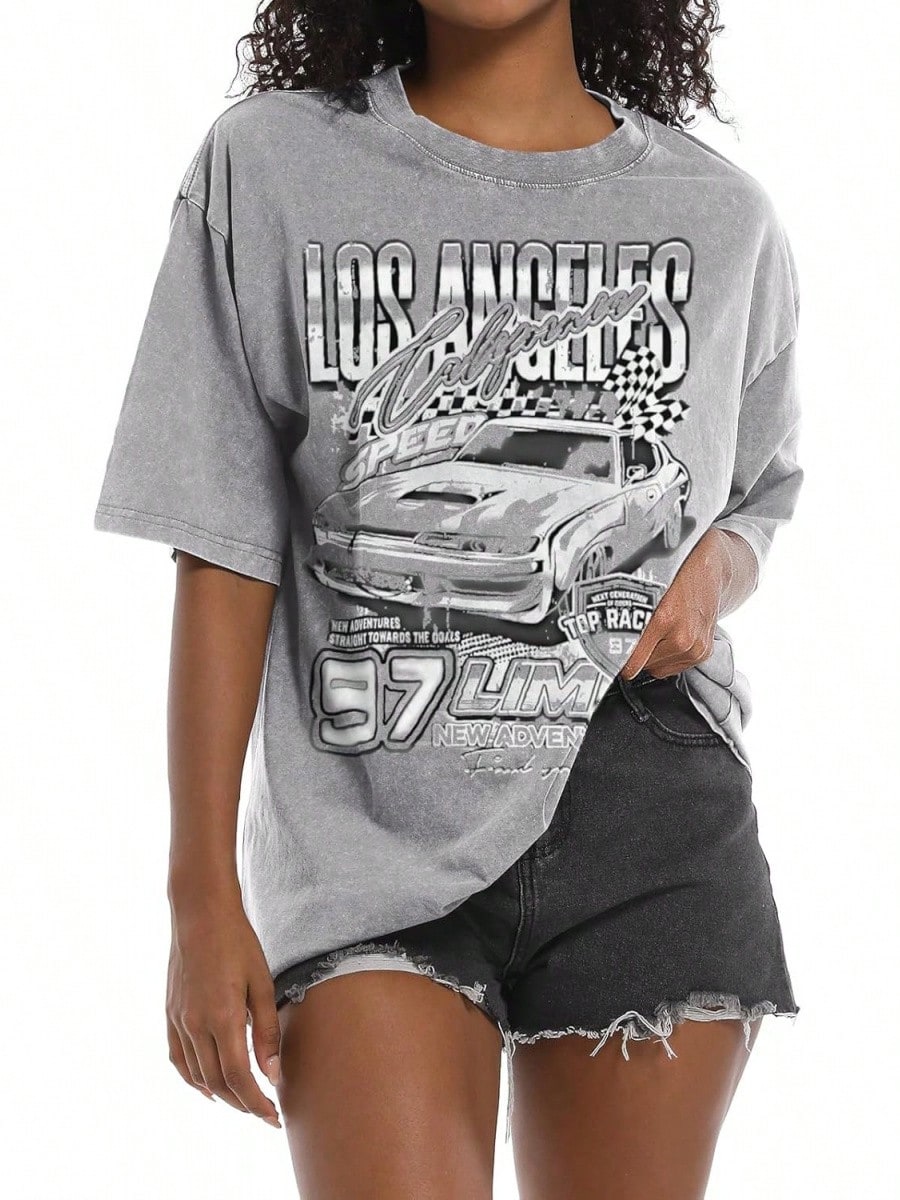 2026 New Summer Pairxily Oversized Graphic Tees For Women Baggy Streetwear Preppy Shirts For Teens Race Car Checkered Flag Drop Shoulder Top Casual T-Shirt