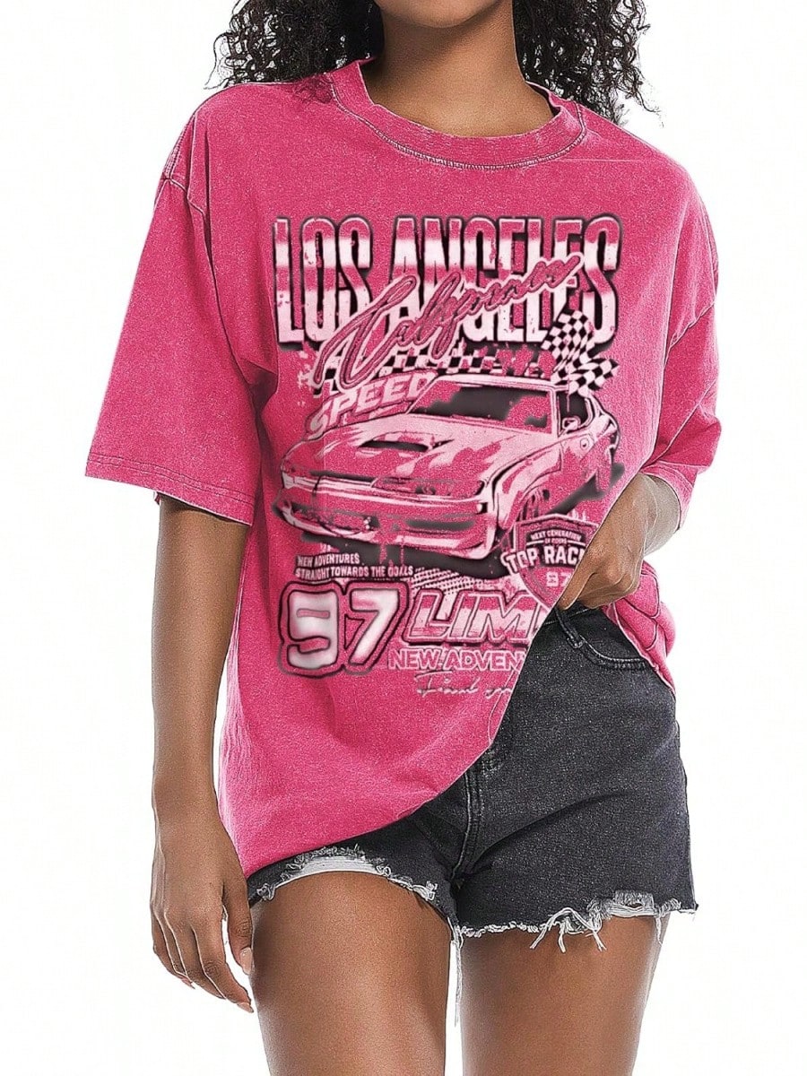 2026 New Summer Pairxily Oversized Graphic Tees For Women Baggy Streetwear Preppy Shirts For Teens Race Car Checkered Flag Drop Shoulder Top Casual T-Shirt