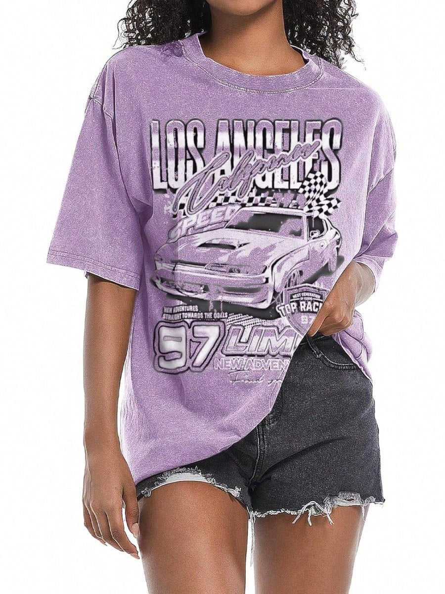 2026 New Summer Pairxily Oversized Graphic Tees For Women Baggy Streetwear Preppy Shirts For Teens Race Car Checkered Flag Drop Shoulder Top Casual T-Shirt
