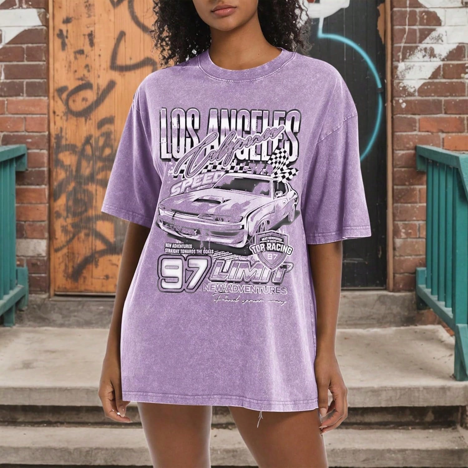 2026 New Summer Pairxily Oversized Graphic Tees For Women Baggy Streetwear Preppy Shirts For Teens Race Car Checkered Flag Drop Shoulder Top Casual T-Shirt