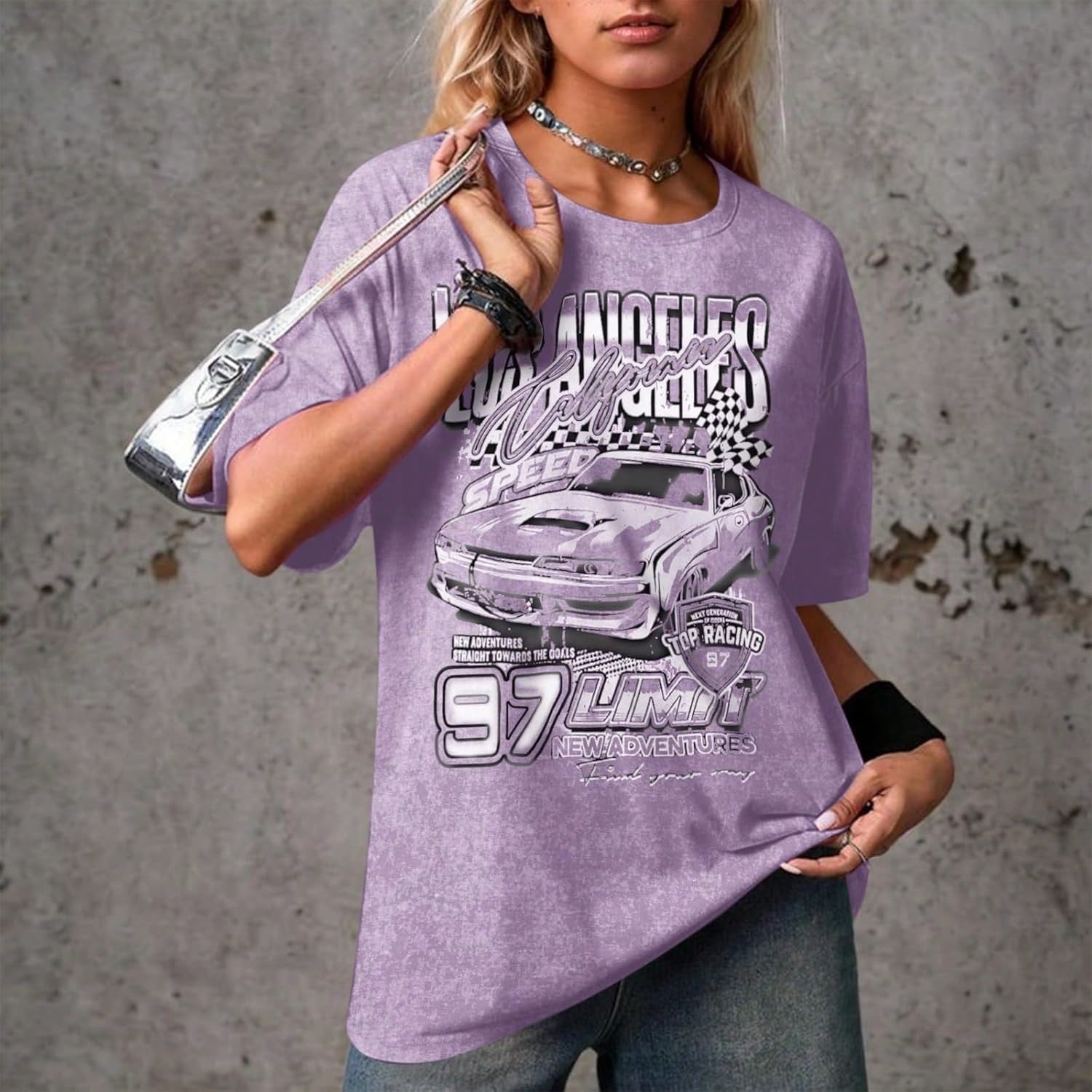 2026 New Summer Pairxily Oversized Graphic Tees For Women Baggy Streetwear Preppy Shirts For Teens Race Car Checkered Flag Drop Shoulder Top Casual T-Shirt