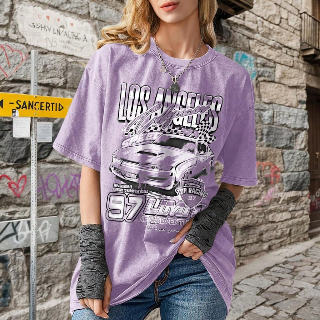 2026 New Summer Pairxily Oversized Graphic Tees For Women Baggy Streetwear Preppy Shirts For Teens Race Car Checkered Flag Drop Shoulder Top Casual T-Shirt