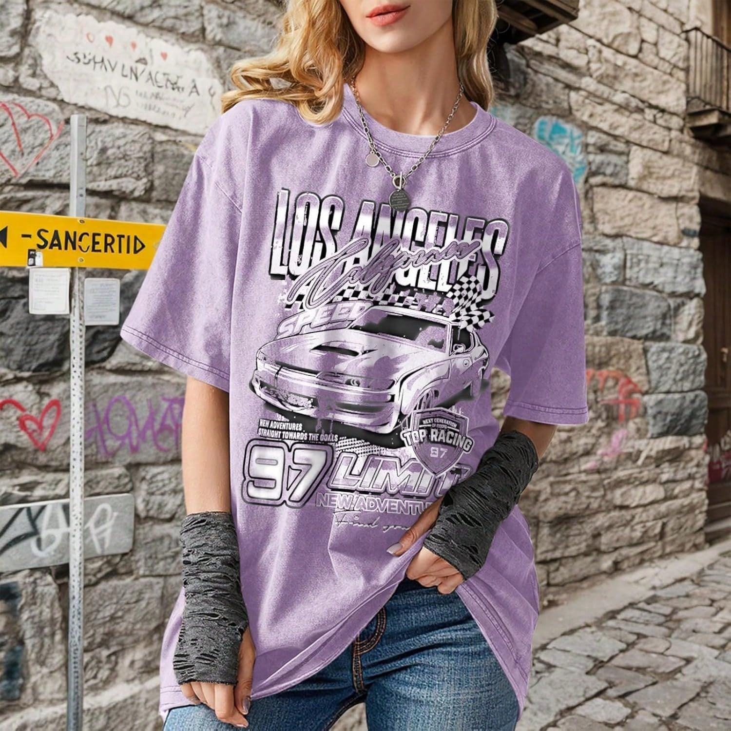 2026 New Summer Pairxily Oversized Graphic Tees For Women Baggy Streetwear Preppy Shirts For Teens Race Car Checkered Flag Drop Shoulder Top Casual T-Shirt