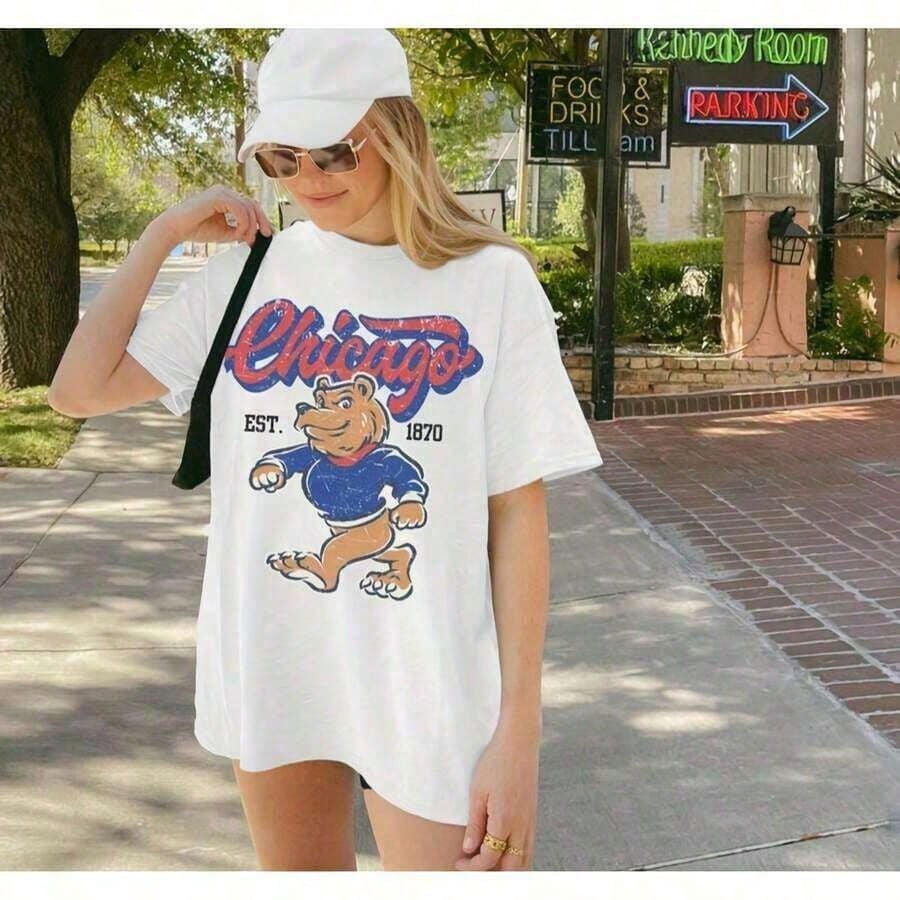 Graphic Tees Women2026 Summer Collection,Vintage Chicago Cub Crewneck T-Shirt, Cubs Shirt, Chicago Baseball Shirt, Retro Cubs Shirt, Baseball Game Day, Opening Day1010g High-Quality Pure Cotton T-Shirt With Minimalist Art Pattern Print, Soft And Breathabl