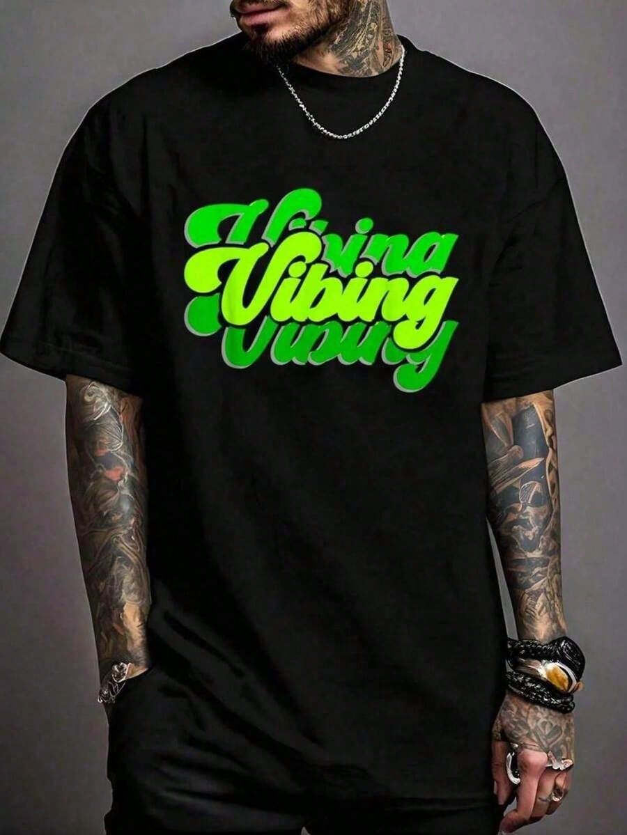 Summer ClothesMen Green Vibe Graphic T-Shirt Neon Green Print On Black A Bold Statement Perfect For Everyday Wear And Parties Vibrant Lime Green Lettering Formal Fit Men Stylish Top With Green Vibe Graphic Comfortable Fit Crew Neck Short Sleeves For Casua