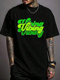 Summer ClothesMen Green Vibe Graphic T-Shirt Neon Green Print On Black A Bold Statement Perfect For Everyday Wear And Parties Vibrant Lime Green Lettering Formal Fit Men Stylish Top With Green Vibe Graphic Comfortable Fit Crew Neck Short Sleeves For Casua