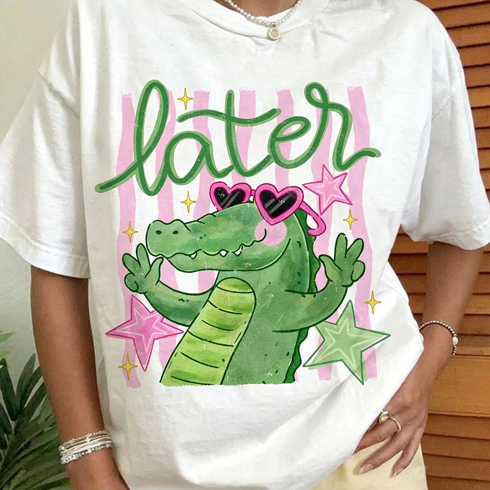 Crocodile-Themed Printed Short-Sleeved Crew Neck T-Shirt Graphic White T-Shirt, Streetwear Summer Top Camiseta Para Mujer Free Shipping