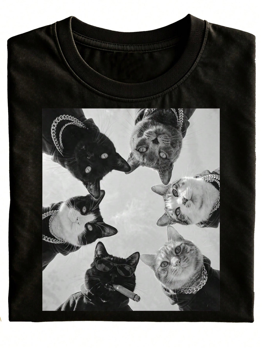 Funny Cat Gangster Crew Neck T-Shirt With Black Cat Print, Chain And Fashionable Glasses. A Casual Wear Gift Option. Pure, Fashionable, Versatile Holiday Style. Plus Size