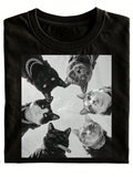Funny Cat Gangster Crew Neck T-Shirt With Black Cat Print, Chain And Fashionable Glasses. A Casual Wear Gift Option. Pure, Fashionable, Versatile Holiday Style. Plus Size