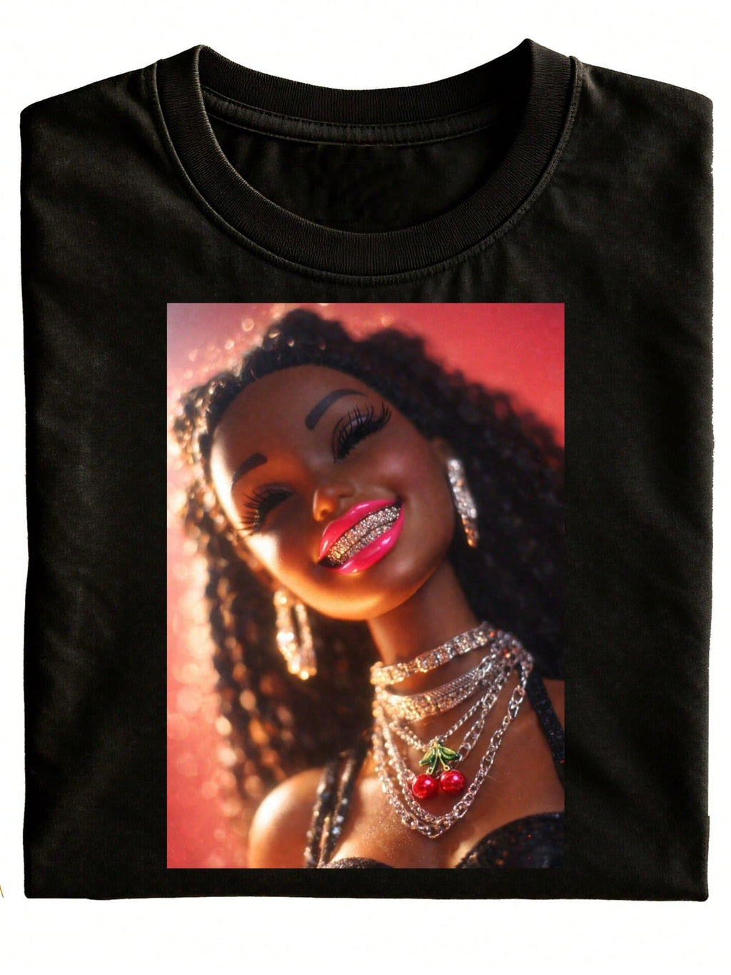 New Fun Unisex T-Shirt With A Black Graphic Print Depicting A Radiant Woman With Curly Hair And A Cherry Necklace Around Her Neck, Perfect For Everyday Wear And As A Holiday Gift. It's A Stylish, Versatile Casual Outfit With Short Sleeves And Available In