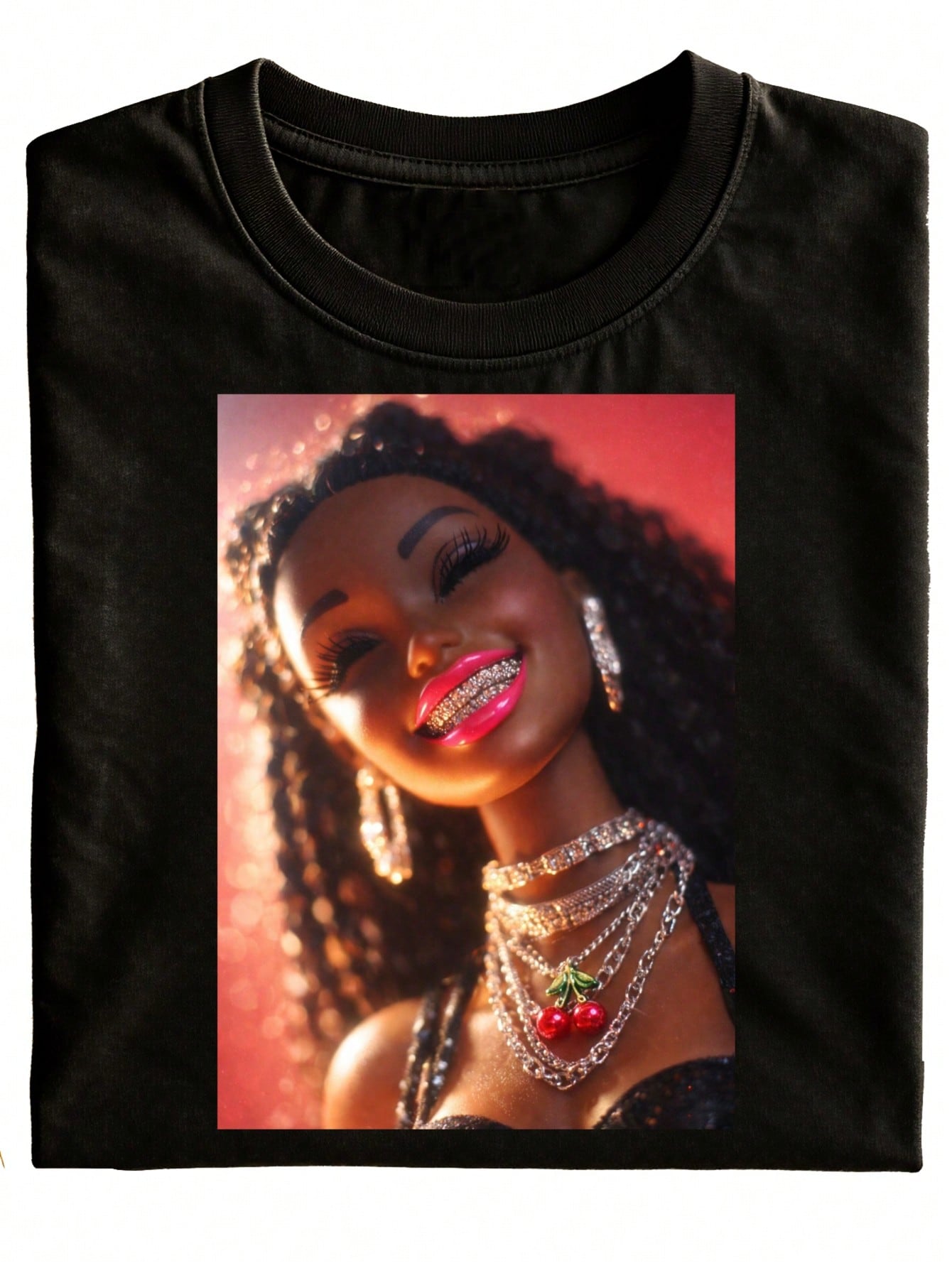New Fun Unisex T-Shirt With A Black Graphic Print Depicting A Radiant Woman With Curly Hair And A Cherry Necklace Around Her Neck, Perfect For Everyday Wear And As A Holiday Gift. It's A Stylish, Versatile Casual Outfit With Short Sleeves And Available In