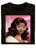 Fun And Charming Inspired Fashion T-Shirt, Black Version, With Shiny Fashion Glasses And Pearl Necklace Print, Suitable For Casual Wear And Gifts, Purely Fashionable And Versatile, Holiday Style Clothing, Vintage Trench Coat, Summer Anime Style Clothing,
