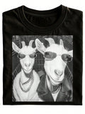 Black Humor Goat Crew Neck T-Shirt, Featuring A Stylish Goat Wearing Glasses And A Necklace, Perfect For Casual Wear, An Excellent Gift For Animal Lovers, Made Of [Material To Be Added], Ideal For Everyday Wear Or Holiday Gifting, Available In Plus Sizes