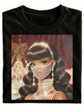 Fun And Elegant Diamond Mask Print Crew Neck T-Shirt, Black Fashionable Printed Short-Sleeve T-Shirt, Suitable For Casual Wear And Party Gifts, Pure And Stylish Versatile Holiday Clothing, Plus Size