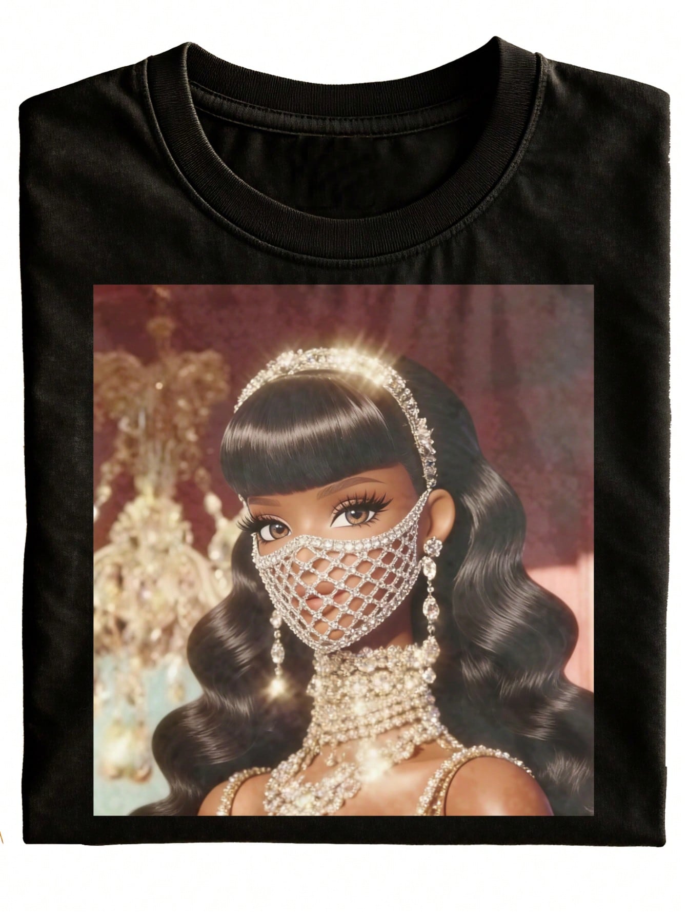 Fun And Elegant Diamond Mask Print Crew Neck T-Shirt, Black Fashionable Printed Short-Sleeve T-Shirt, Suitable For Casual Wear And Party Gifts, Pure And Stylish Versatile Holiday Clothing, Plus Size