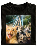 Fun Cat Ferris Wheel Adventure Crew Neck T-Shirt, Black Cat Print Casual T-Shirt, Suitable For Daily Wear, Great Gift Choice, Fashionable And Versatile Holiday Style, Available In Plus Sizes