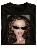 Fun And Stylish Unisex T-Shirt In Black, Featuring A Doll Wearing Fashionable Glasses And Sticking Out Its Tongue. Perfect For Casual Wear And As A Gift. Purely Fashionable And Versatile, Holiday Style, Available In Large Sizes