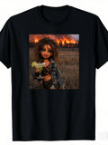 Wildfire Background Cocktail Fun Doll Pattern Unisex Black Printed T-Shirt Casual Wear Gift Choice Pure Fashion Versatile Holiday Style Plus Size