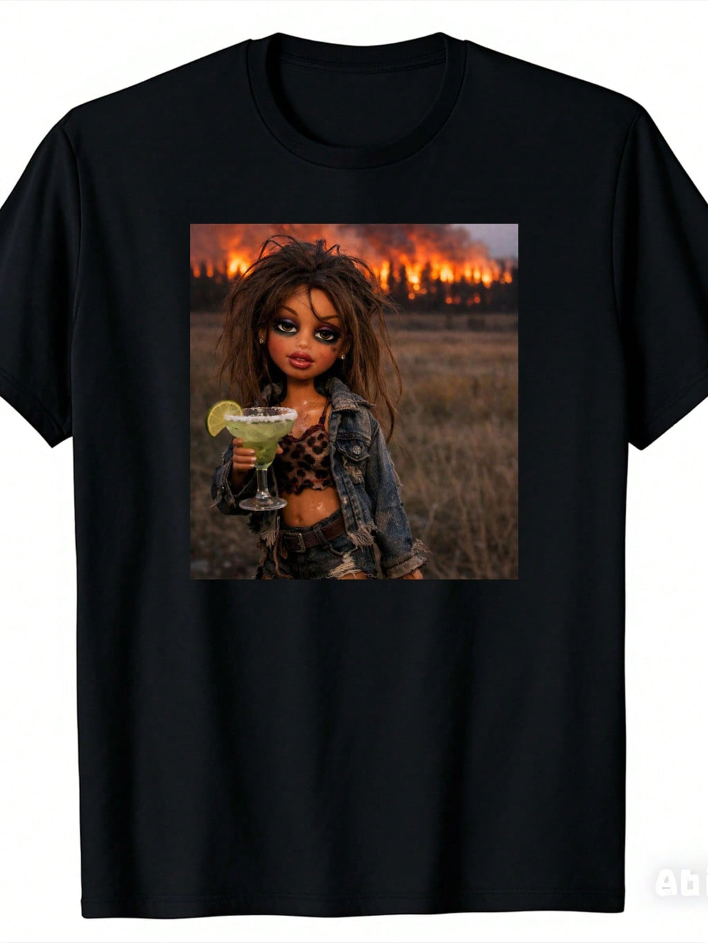 Wildfire Background Cocktail Fun Doll Pattern Unisex Black Printed T-Shirt Casual Wear Gift Choice Pure Fashion Versatile Holiday Style Plus Size