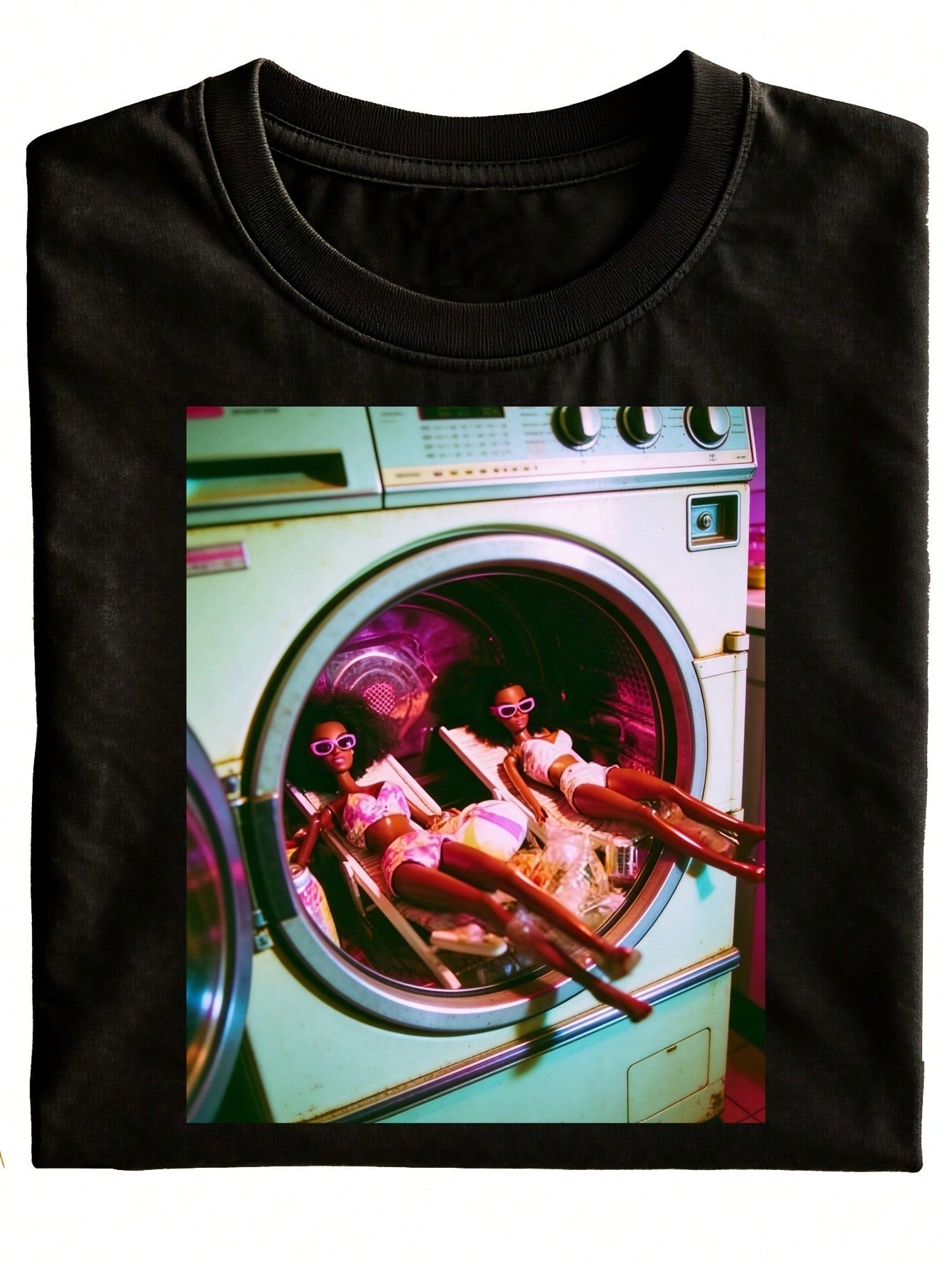 Fun Washing Machine Doll Print Unisex T-Shirt, Black Pattern Design, Casual Wear Gift Choice, Pure Fashion Versatile, Holiday Style, Couple T-Shirt, Anime-Themed Short Retro Clothing, Vintage Style Couple T-Shirt, Creative Gift T-Shirt, Creative Gift, Wom