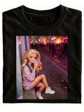 Fun Nighttime Beer Festival Team Crew Neck T-Shirt, Black Pattern Print, Fashionable And Versatile Holiday-Style Top, Casual Wear, Short Sleeves, Regular Fit, Suitable For All Seasons, Plus Size