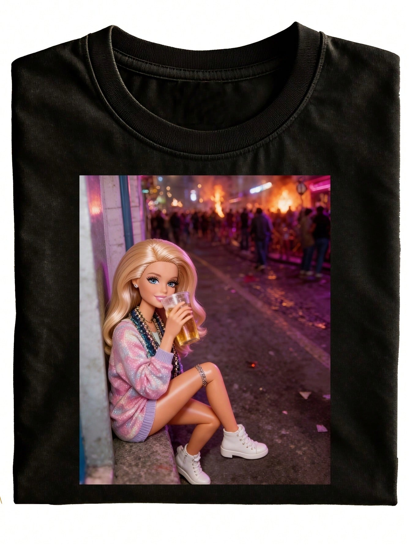 Fun Nighttime Beer Festival Team Crew Neck T-Shirt, Black Pattern Print, Fashionable And Versatile Holiday-Style Top, Casual Wear, Short Sleeves, Regular Fit, Suitable For All Seasons, Plus Size