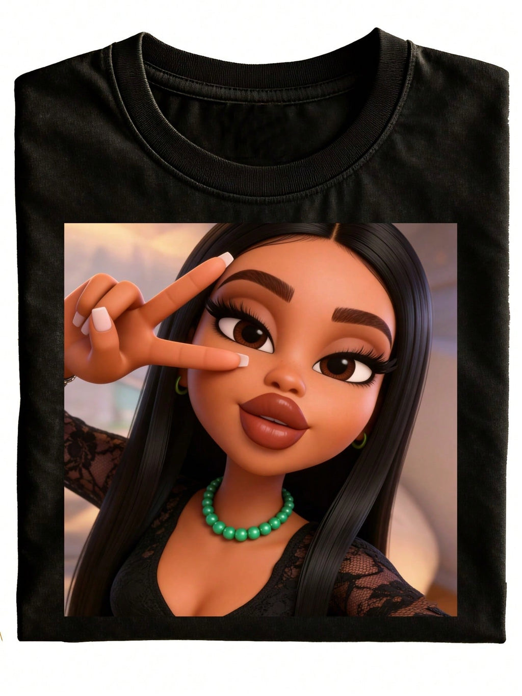 Fun Cartoon Girl Peace Sign Print Crew Neck T-Shirt 's Fashion Casual Top Gift For Friends Fun Daily Wear Festive Style Men's Clothing Fun T-Shirt Original Gift Designer Clothing Kawaii Anime T-Shirt Summer Top