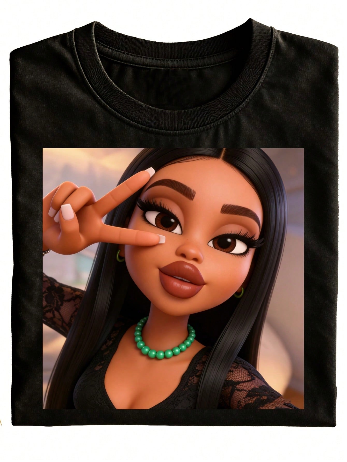 Fun Cartoon Girl Peace Sign Print Crew Neck T-Shirt 's Fashion Casual Top Gift For Friends Fun Daily Wear Festive Style Men's Clothing Fun T-Shirt Original Gift Designer Clothing Kawaii Anime T-Shirt Summer Top