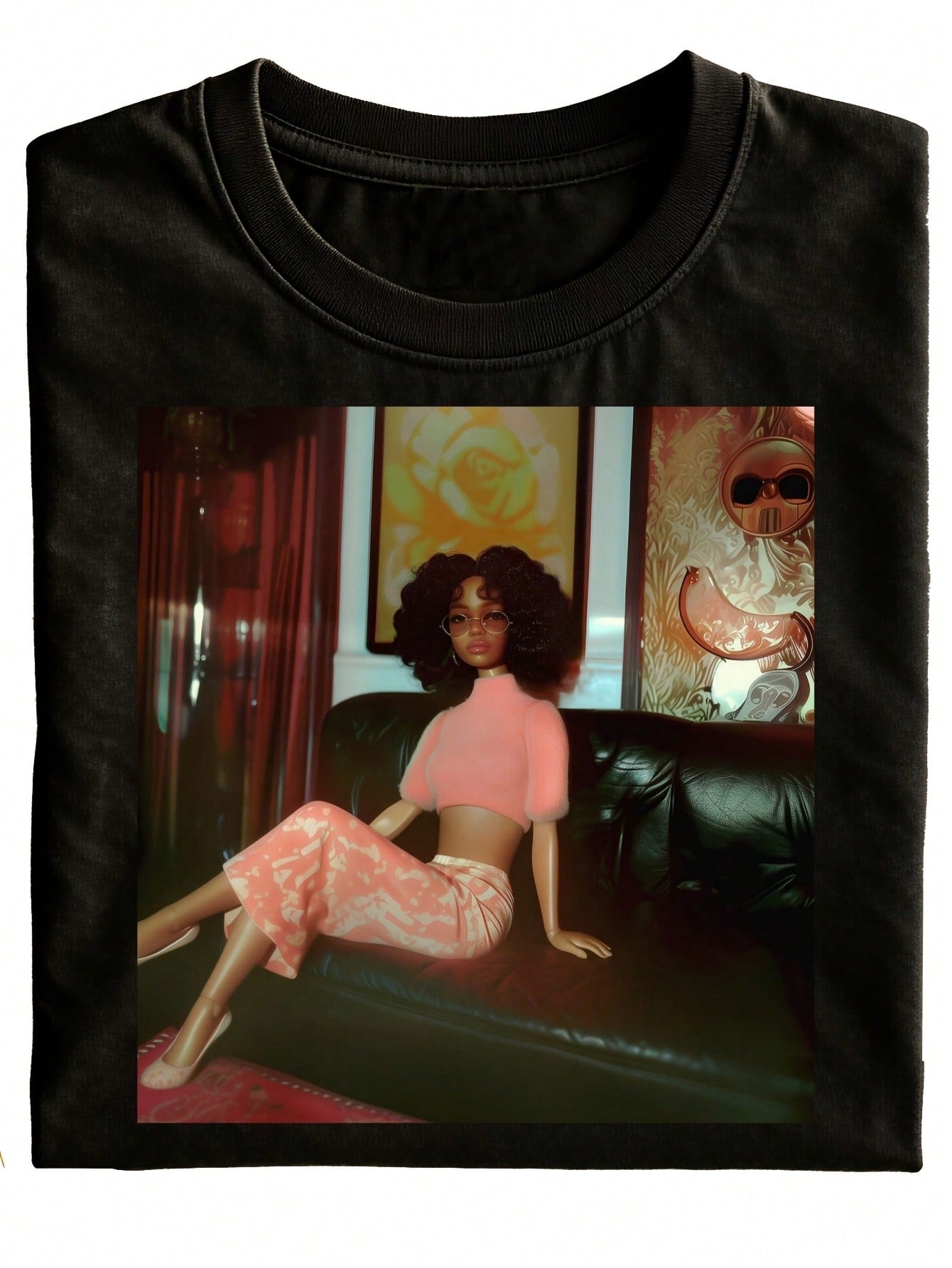 Fun Unisex Crew Neck T-Shirt With Black Doll Print And Artistic Background Design, Suitable As A Casual Wear Gift Idea, Pure Fashionable Versatile Holiday Style, Girls' T-Shirt, Fun T-Shirt, Fun Gift Shirt, Designer Clothing, Original Gift, Men's Gift Top