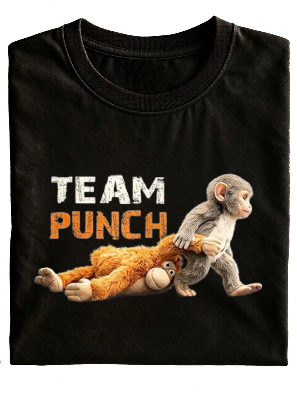 New Fun Unisex T-Shirt, Round Neck, Black, Team Punch Monkey And Tiger Pattern Print, Casual Everyday Wear, Holiday Gift, Pure Fashion Versatile Short Sleeve, Plus Size