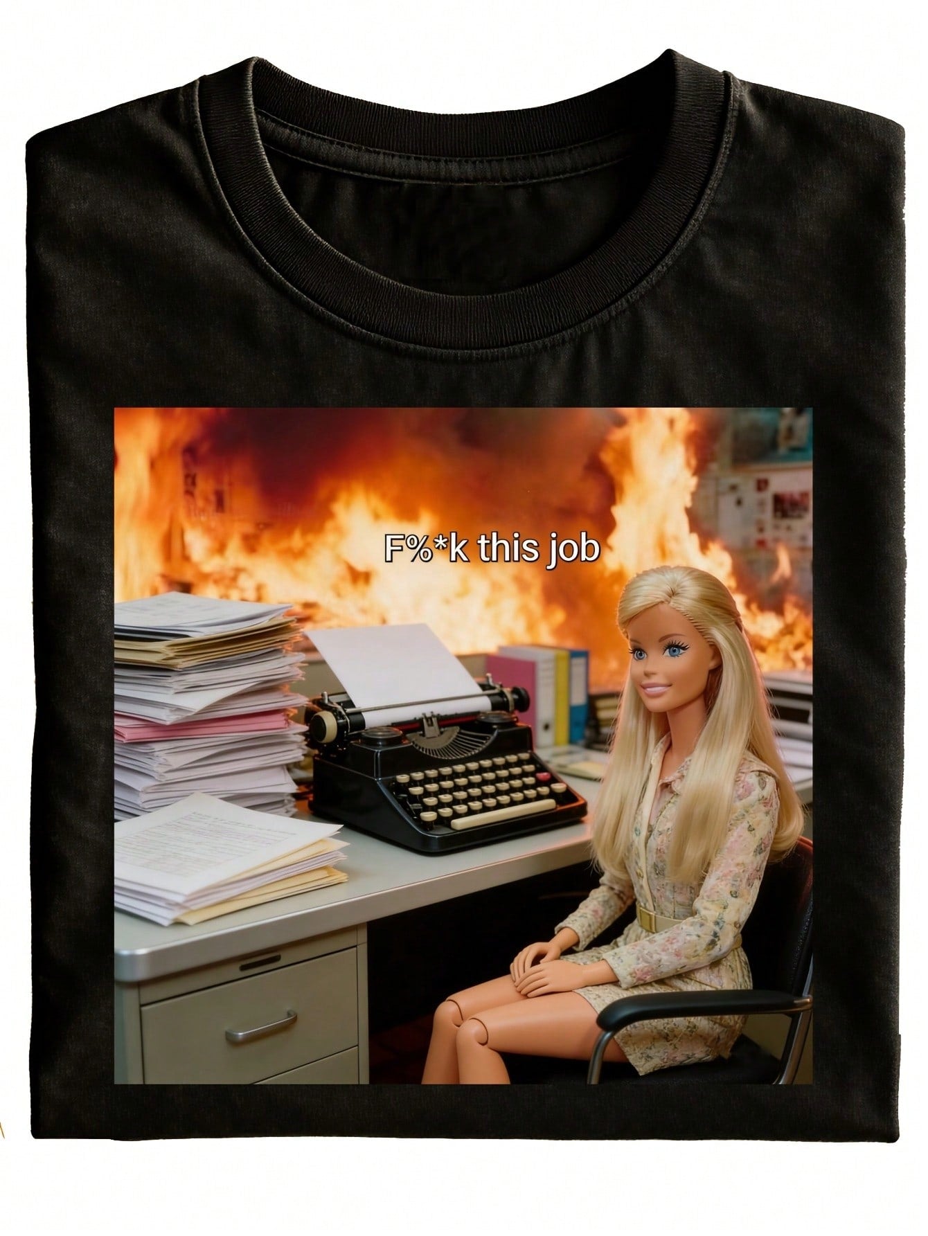 Funny Office Fire T-Shirt, Black Print, Featuring A Typewriter And Flame Pattern, With The Words "Fk This Job" (This Job Is Terrible), Humorous Work Gift, Fashionable Casual Wear, Holiday Clothing, New Top, Kawaii Clothing, Vintage Clothing, High-End Clot