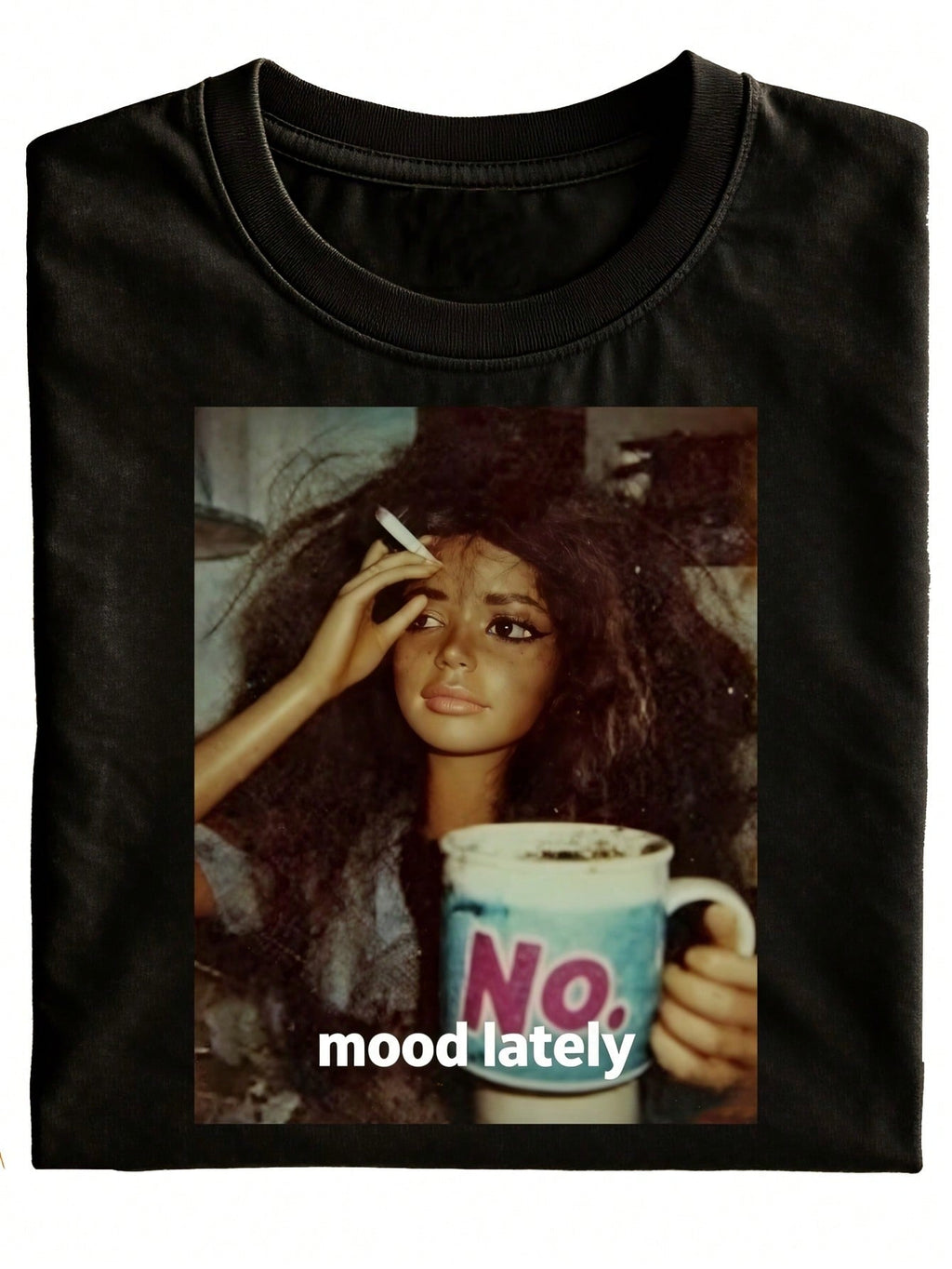I've Been Feeling A Bit Down Lately - Fun T-Shirt, Black Patterned T-Shirt, Doll Holding A Coffee Cup, No Text, Casual Wear, Creative Gift For Women And Men, A Fashionable Everyday Outfit, Very Suitable For Holidays. Fun T-Shirt, T-Shirt Top, Gift For Wom