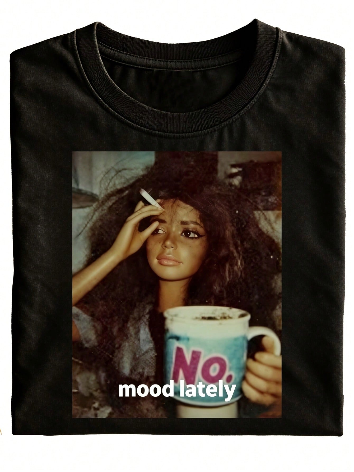 I've Been Feeling A Bit Down Lately - Fun T-Shirt, Black Patterned T-Shirt, Doll Holding A Coffee Cup, No Text, Casual Wear, Creative Gift For Women And Men, A Fashionable Everyday Outfit, Very Suitable For Holidays. Fun T-Shirt, T-Shirt Top, Gift For Wom
