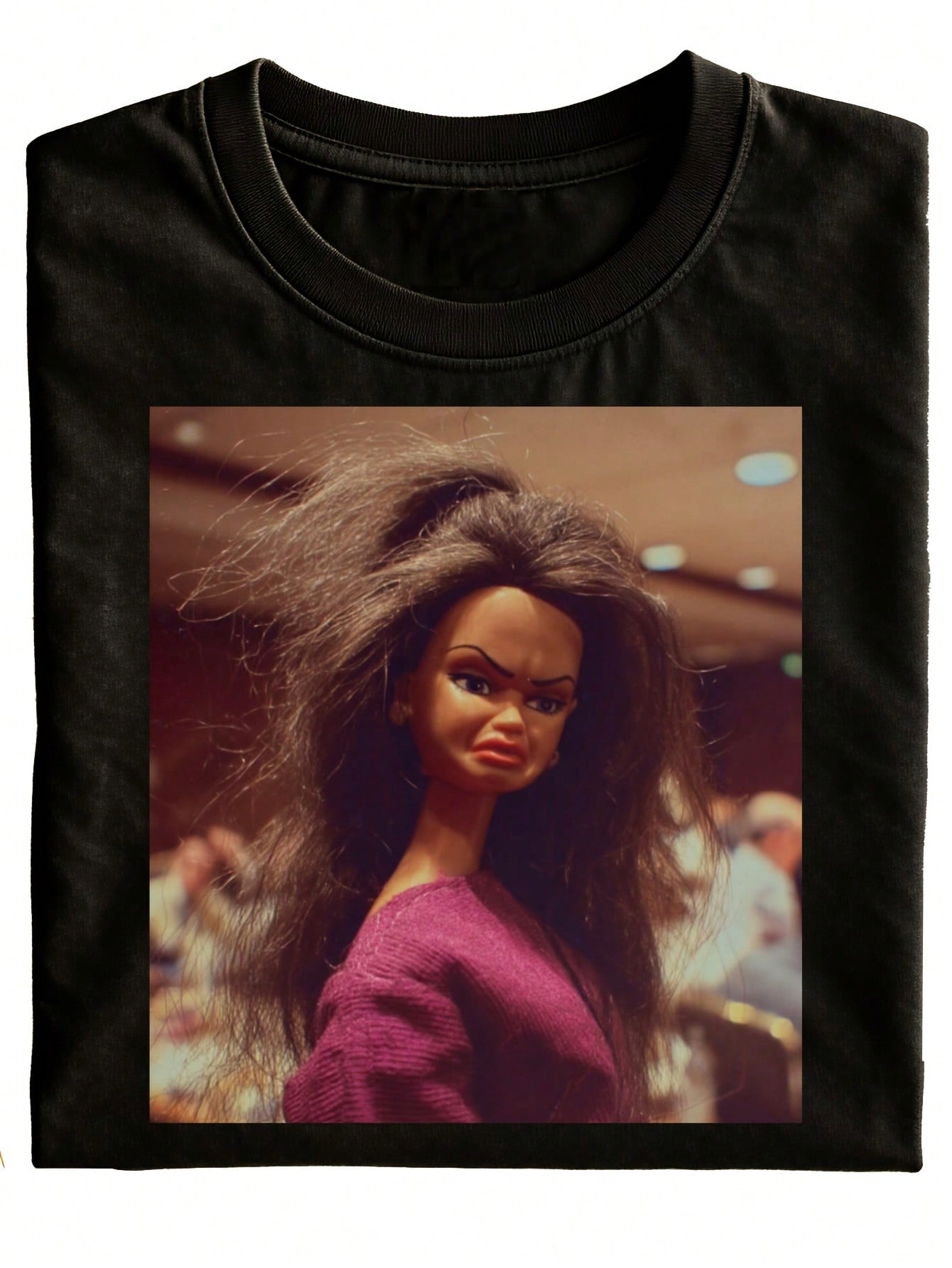 Fun Doll Face Print T-Shirt, Black Casual Crew Neck T-Shirt, Gift For Men And Women, Fashionable Daily Wear, Creative Holiday Gift, Versatile Style, Men's Clothing Top, Fun Ugus T-Shirt, Aesthetic T-Shirt Clothing, Fun Shirt Clothing