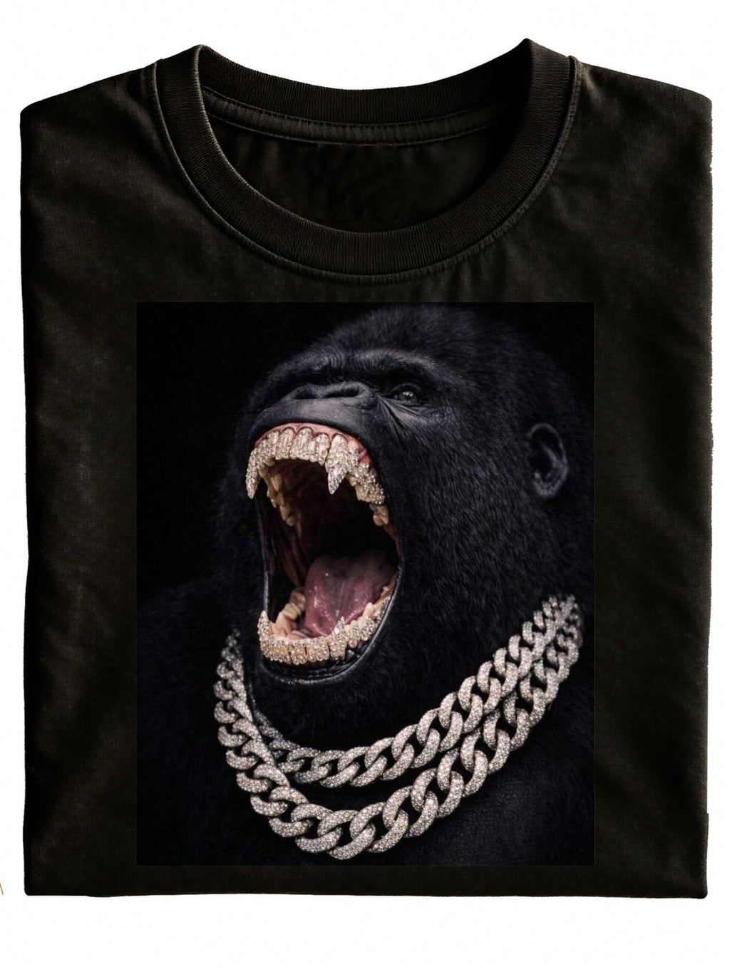 And Humorous Gorilla Design, Paired With A Diamond Chain, This Unisex Black Patterned T-Shirt Is Perfect For Casual Outings And As A Holiday Gift. This Stylish And Easy-To-Match Short-Sleeve Shirt Is An Ideal Choice For Everyday Wear, Available In Plus Si