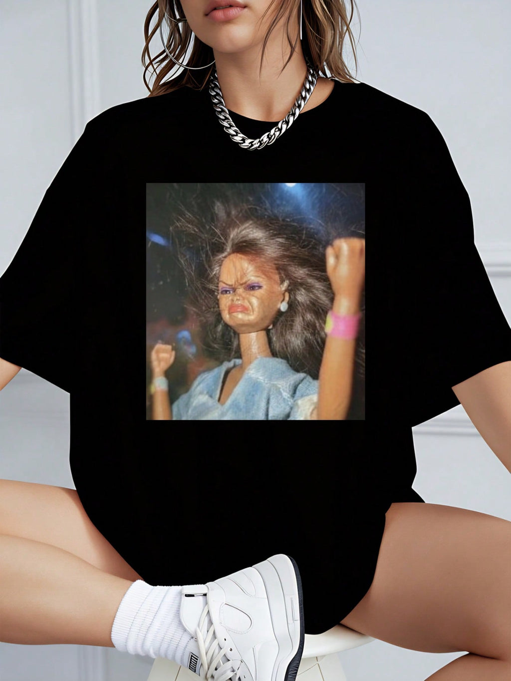 New Fun Unisex T-Shirt With Black Doll Raising Its Fist Print, Perfect For Casual Everyday Wear, Ideal Holiday Gift, Stylish And Versatile Daily Casual Outfit, Short-Sleeved, Plus Size