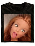 New Fun Unisex T-Shirt, Same Style For Men And Women, Black Doll Face With Tongue Out Print, Casual Everyday Wear, Holiday Gift, Pure Fashion, Versatile, Everyday Casual Short Sleeve, Plus Size