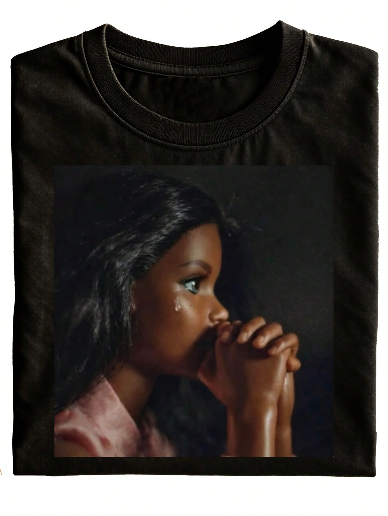 Fun Black T-Shirt With An Emotive Female Portrait Print, A Gift Idea For Casual Wear, Simple, Fashionable And Versatile, Holiday-Style Short-Sleeve T-Shirt, Unisex Tops And New T-Shirt Designs, Printed T-Shirt, Designer Clothing, Anime T-Shirt, Girls' Clo
